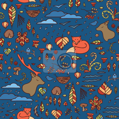 Behang Herfstvossen tussen bladeren en regen