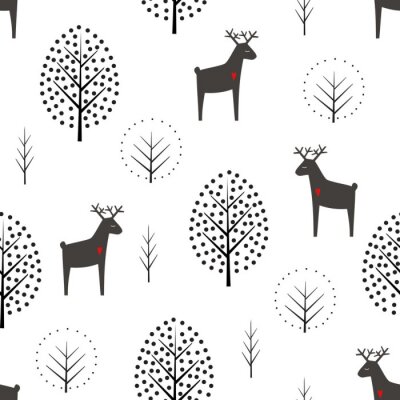 Behang Herten en bomen naadloos patroon op witte achtergrond. Decoratieve bos vectorillustratie. Leuke wilde natuur achtergrond. Scandinavisch stijlontwerp voor textiel, behang, stof, decor.