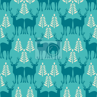 Behang Herten tussen de bomen op een blauwe achtergrond