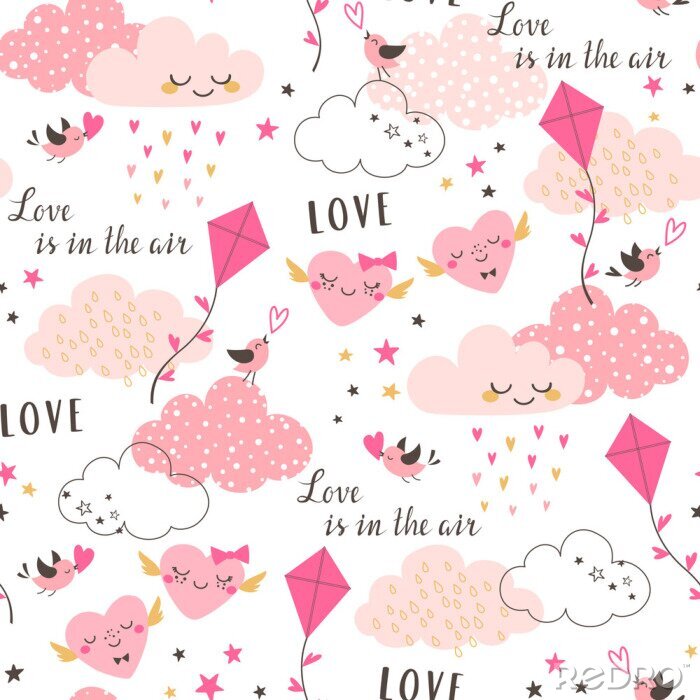 Behang Het naadloze patroon van leuke Valentijnskaart met roze wolken, harten, vlieger, vogels en sterren op witte achtergrond.