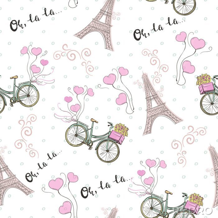 Behang Het thema naadloos patroon van Parijs met fiets en de toren van Eiffel