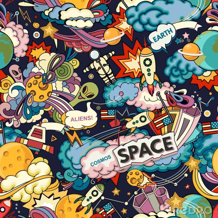 Behang Het thema van de kosmosafbeeldingen gestileerd voor een stripboek