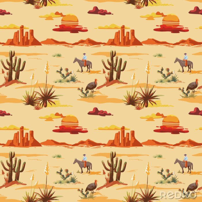 Behang Het uitstekende mooie naadloze patroon van de woestijnillustratie. Landschap met cactus, bergen, cowboy op paard, achtergrond van de zonsondergang de vectorhand getrokken stijl