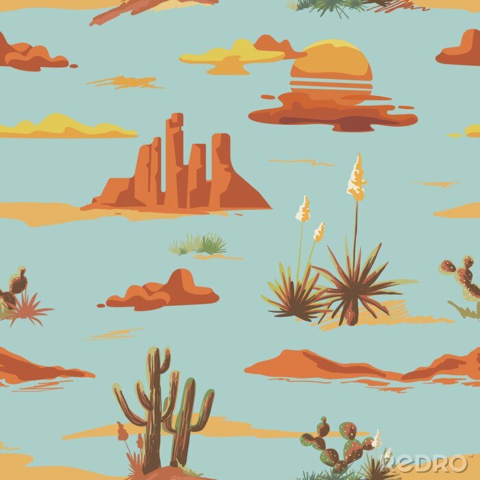 Behang Het uitstekende mooie naadloze patroon van de woestijnillustratie. Landschap met cactus, bergen, zonsondergang vector hand getrokken stijl achtergrond