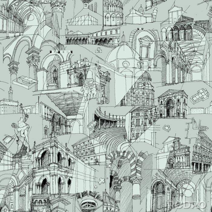 Behang Historische Italiaanse architectuur Collage naadloze patroon