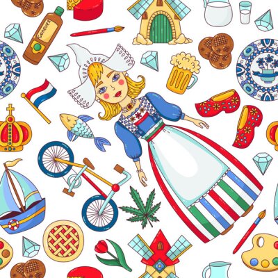 Behang Holland Nederland doodle pictogrammen naadloze vector patroon
