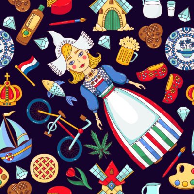 Behang Holland Nederland pictogrammen naadloos vectorpatroon