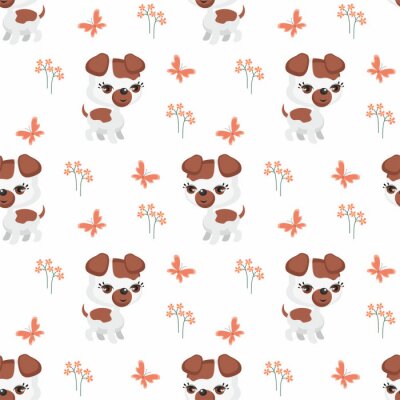 Behang Honden met bloemen en vlinders