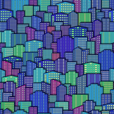 Behang Horizontaal Naadloos Landschap, Stedelijke Achtergrond, Dagstad met Kleurrijke Beeldverhaalwolkenkrabbers onder Blauwe Hemel. Vector