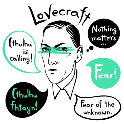Howard Phillips Lovecraft-portret met toespraakbellen en de citaten van beroemde schrijver, citaten. Horror fictie boek inkt getekend vectorillustratie met belettering angst! Cthulhu belt.