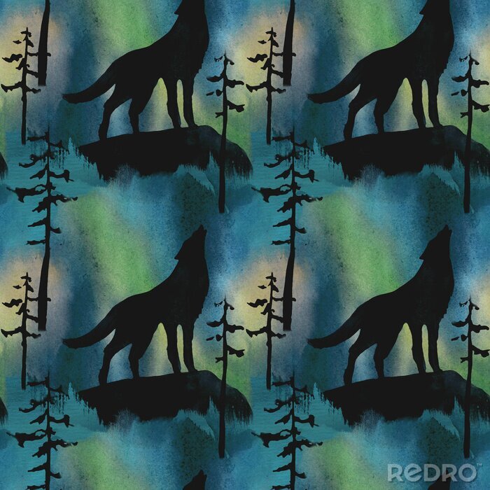 Behang Huilende wolven tegen de aurora