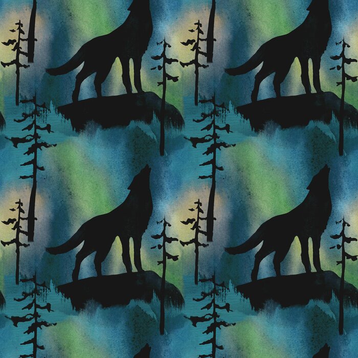 Behang Huilende wolven tegen de aurora