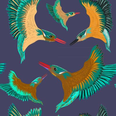 Behang Ijsvogels naadloze patroon. Vectorillustratie van de vogels op donkerblauwe achtergrond