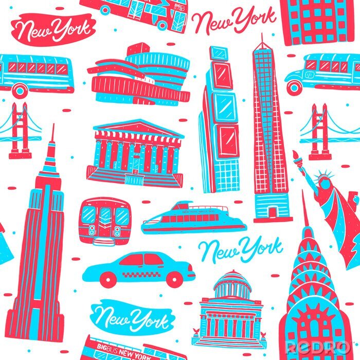Behang Illustration of seamless pattern New York city landmark with flat design style.