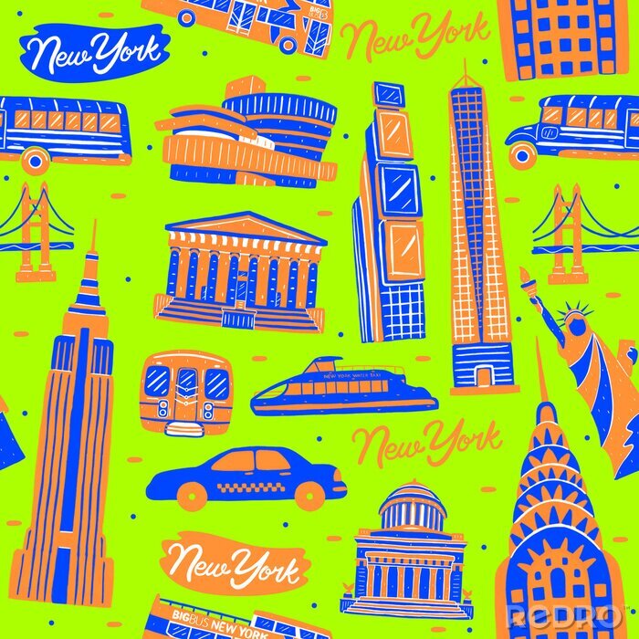 Behang Illustration of seamless pattern New York city landmark with flat design style.