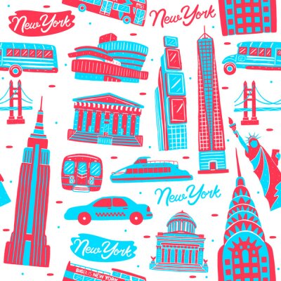 Behang Illustration of seamless pattern New York city landmark with flat design style.