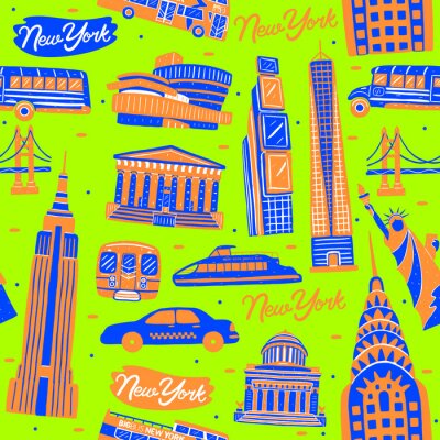 Behang Illustration of seamless pattern New York city landmark with flat design style.