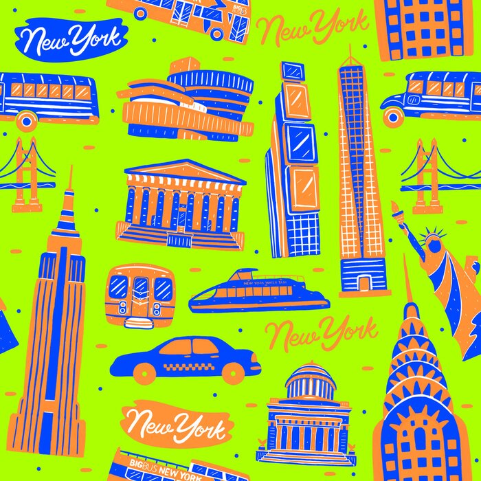 Behang Illustration of seamless pattern New York city landmark with flat design style.