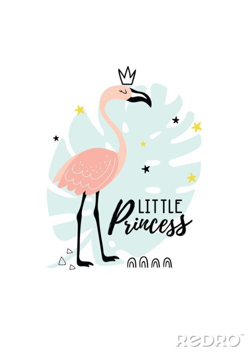 Behang Illustration with pink flamingo and text