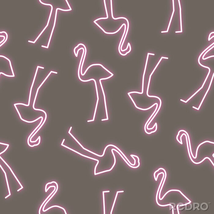 Behang Imitatie neon flamingo's op een donkere achtergrond