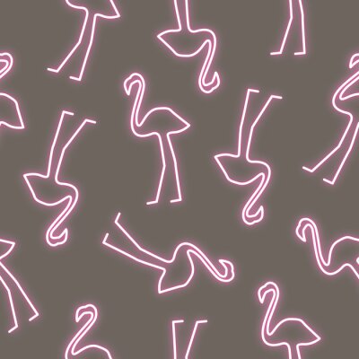 Behang Imitatie neon flamingo's op een donkere achtergrond