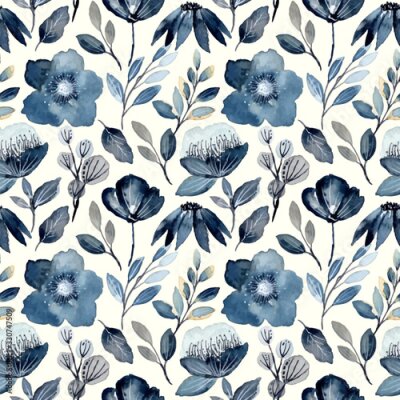 Behang indigo watercolor floral seamless pattern