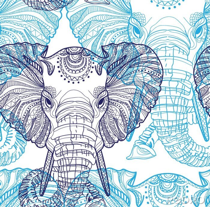 Behang Indische patroon blauwe olifanten