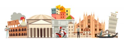 Italy skyline colorful background. Famous Italy building. Italy hand drawn vector illustration. Italian travel landmarks/attraction. Vector illustration isolated on white background