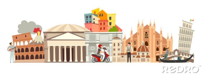 Behang Italy skyline colorful background. Famous Italy building. Italy hand drawn vector illustration. Italian travel landmarks/attraction. Vector illustration isolated on white background