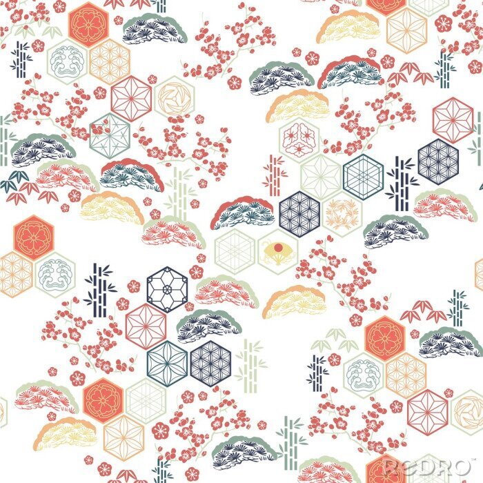 Behang Japanese pattern vector. Red flower , Bamboo, Pine tree  elements  background.
