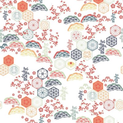 Behang Japanese pattern vector. Red flower , Bamboo, Pine tree  elements  background.