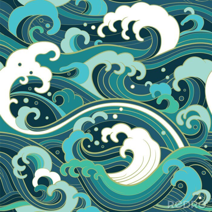 Behang Japanse golven in tinten van de zee