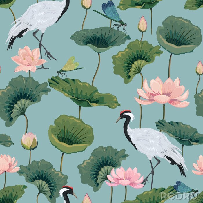 Behang Japanse oosterse kraanvogels en bladeren op een blauwe achtergrond