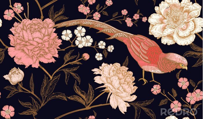 Behang Japanse oosterse stijl met vogels en bloemen