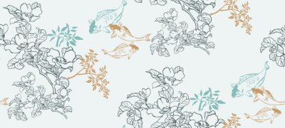 Behang Japanse oosterse vissen en bloemen