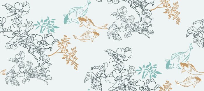 Behang Japanse oosterse vissen en bloemen