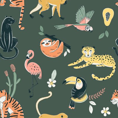 Behang Jungle animals color vector seamless pattern. Flamingo, parrot, tiger background. Flora and fauna. Wild nature. Birds and predators. Decorative animal textile, wallpaper, wrapping paper design