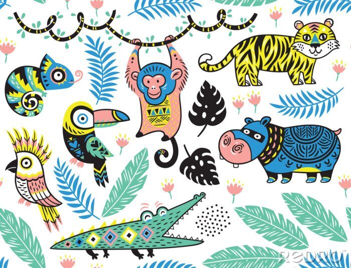 Behang Jungle bewoners originele illustratie met dieren