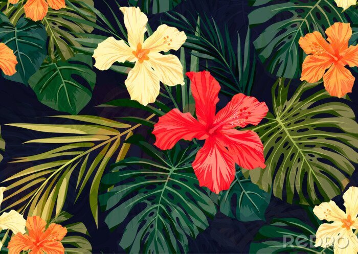 Behang Jungle bloemen in een grafische stijl