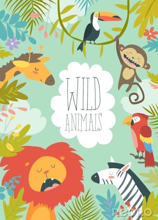 Behang Jungle en dieren in een sprookjesachtige illustratie