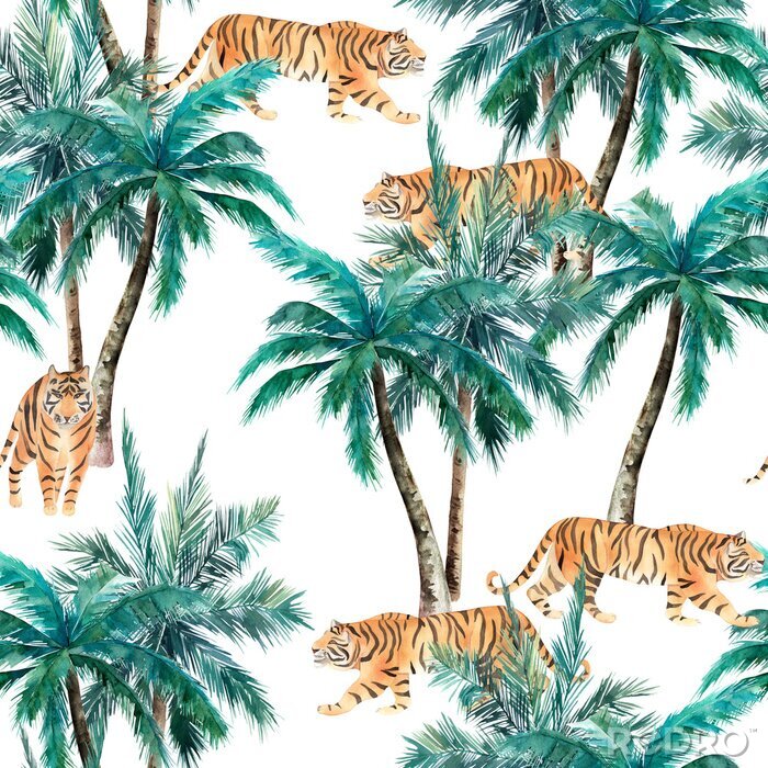 Behang Jungle seamless pattern. Tropical palm trees and tiger. Hand drawn watercolour illustration