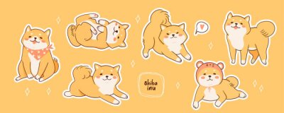 Kawaii Shiba Inu-honden in verschillende poses. Hand getrokken sticker vector set. Alle elementen zijn geïsoleerd