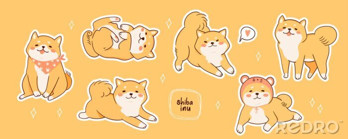 Behang Kawaii Shiba Inu-honden in verschillende poses. Hand getrokken sticker vector set. Alle elementen zijn geïsoleerd