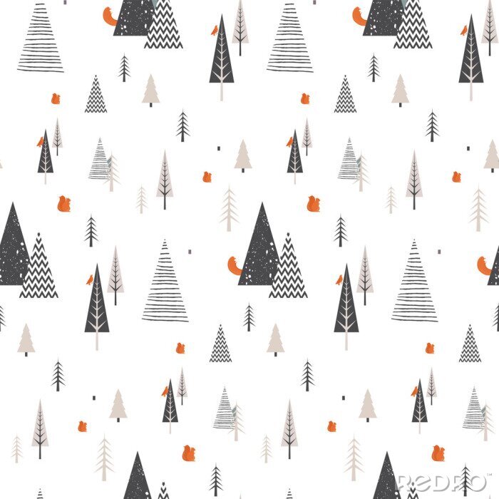 Behang Kerst winter boslandschap met bos dieren. naadloos patroon. Abstracte vectorillustratie