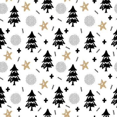 Behang Kerstbomen, sneeuwballen en sterren