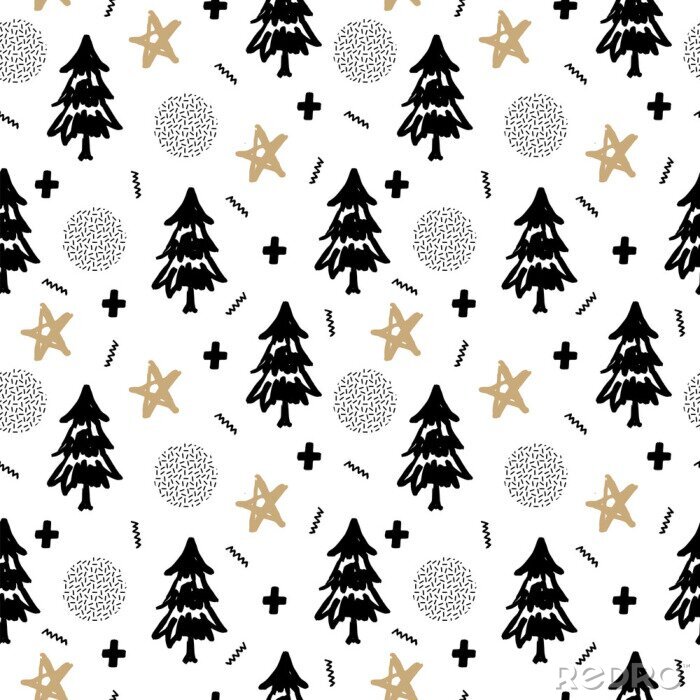 Behang Kerstbomen, sneeuwballen en sterren