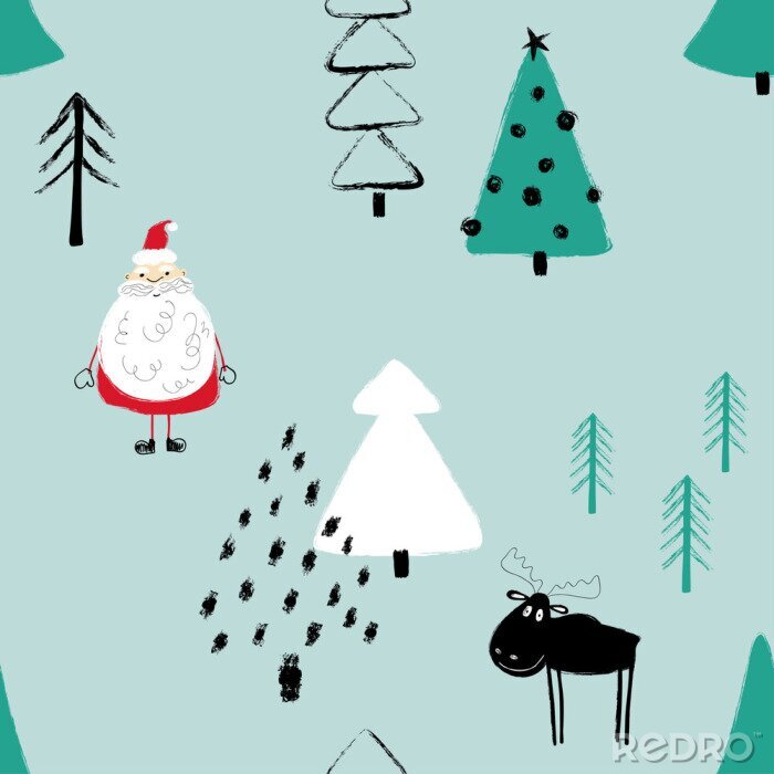 Behang Kerstman en rendieren in het winterbos