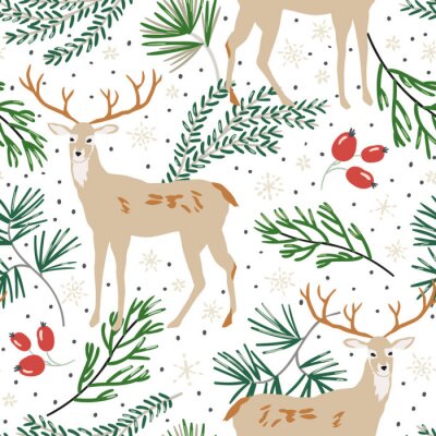 Kerstmis naadloos patroon, witte achtergrond. Bos herten dieren, groene dennen twijgen, bessen, sneeuw. Vector illustratie Natuur ontwerp. Seizoen groet digitaal papier. Winter Xmas vakantie