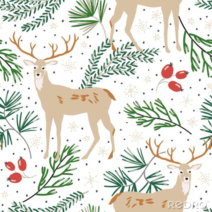 Behang Kerstmis naadloos patroon, witte achtergrond. Bos herten dieren, groene dennen twijgen, bessen, sneeuw. Vector illustratie Natuur ontwerp. Seizoen groet digitaal papier. Winter Xmas vakantie
