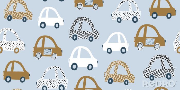 Behang Kids handdrawn seamless pattern with colorful cars